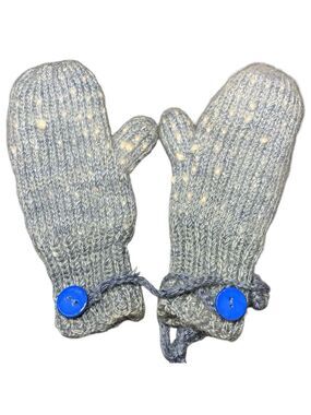 Vintage Hand Knit Mittens Gray Blue Wool Lined O/S Cozy Warm Gloves